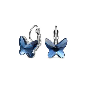 Crystal Blue Butterfly Leverback Huggie Earrings