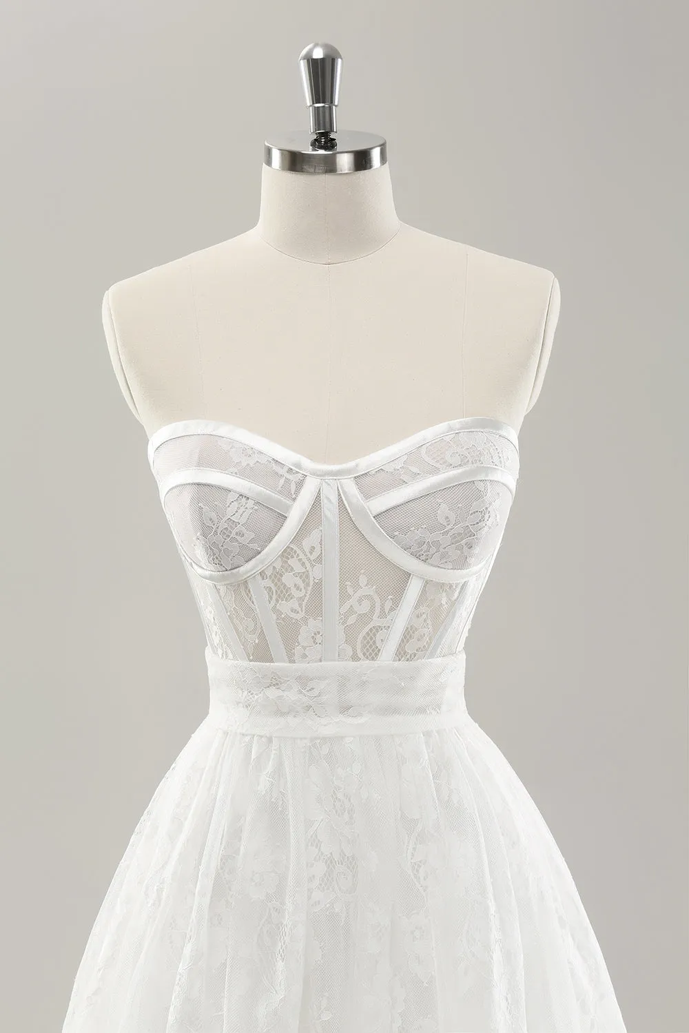 Elegant White Strapless Corset Tiered Long Wedding Dress with Lace