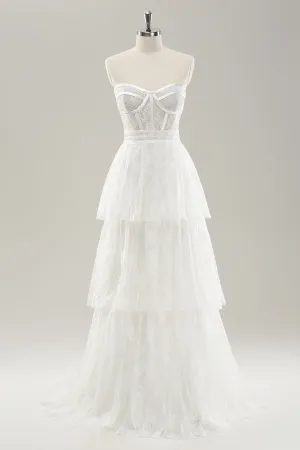 Elegant White Strapless Corset Tiered Long Wedding Dress with Lace