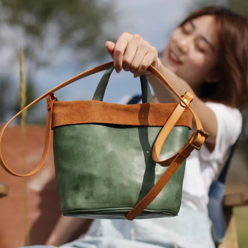 Green Bucket Bag Leather Bucket Small Tote Handbags Purse