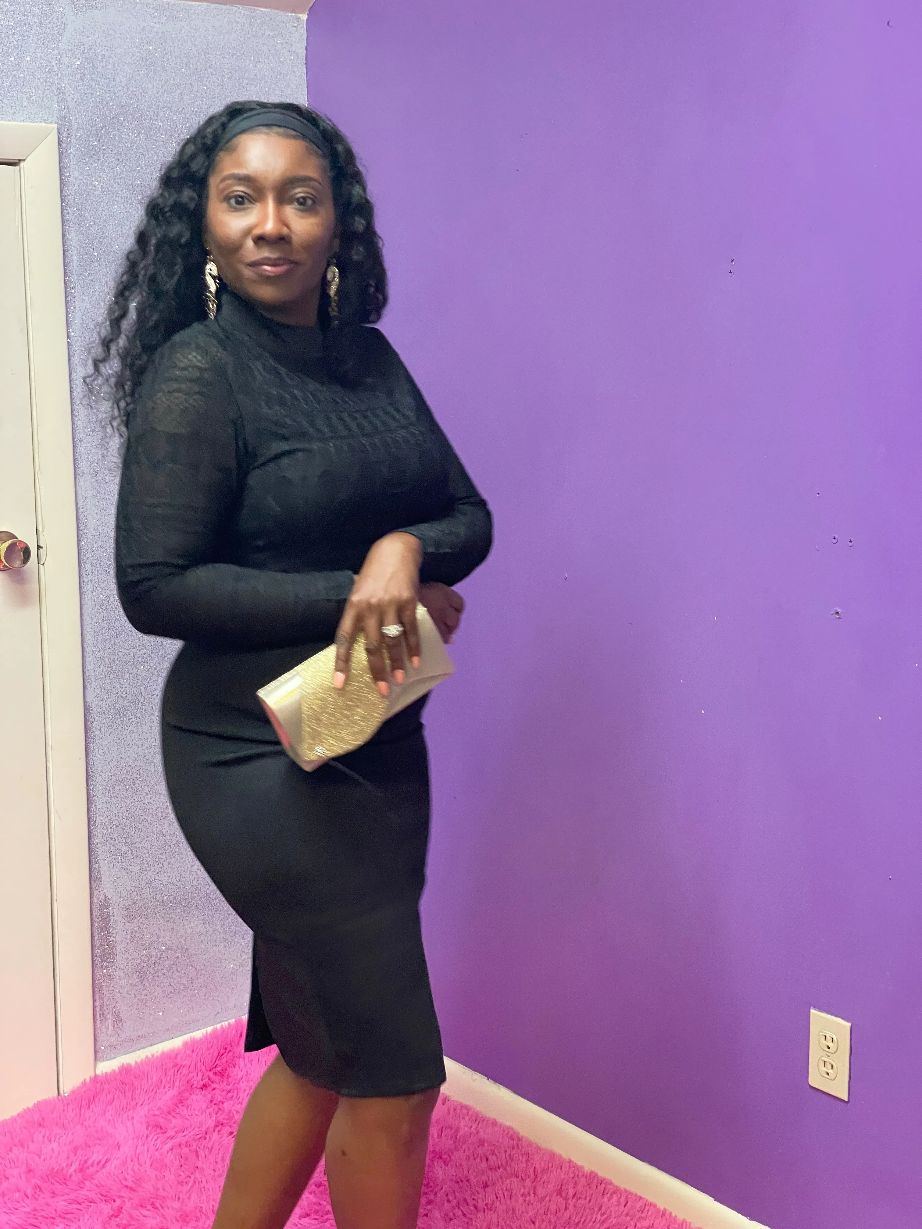 High Neck Lace Top Blk Midi Dress