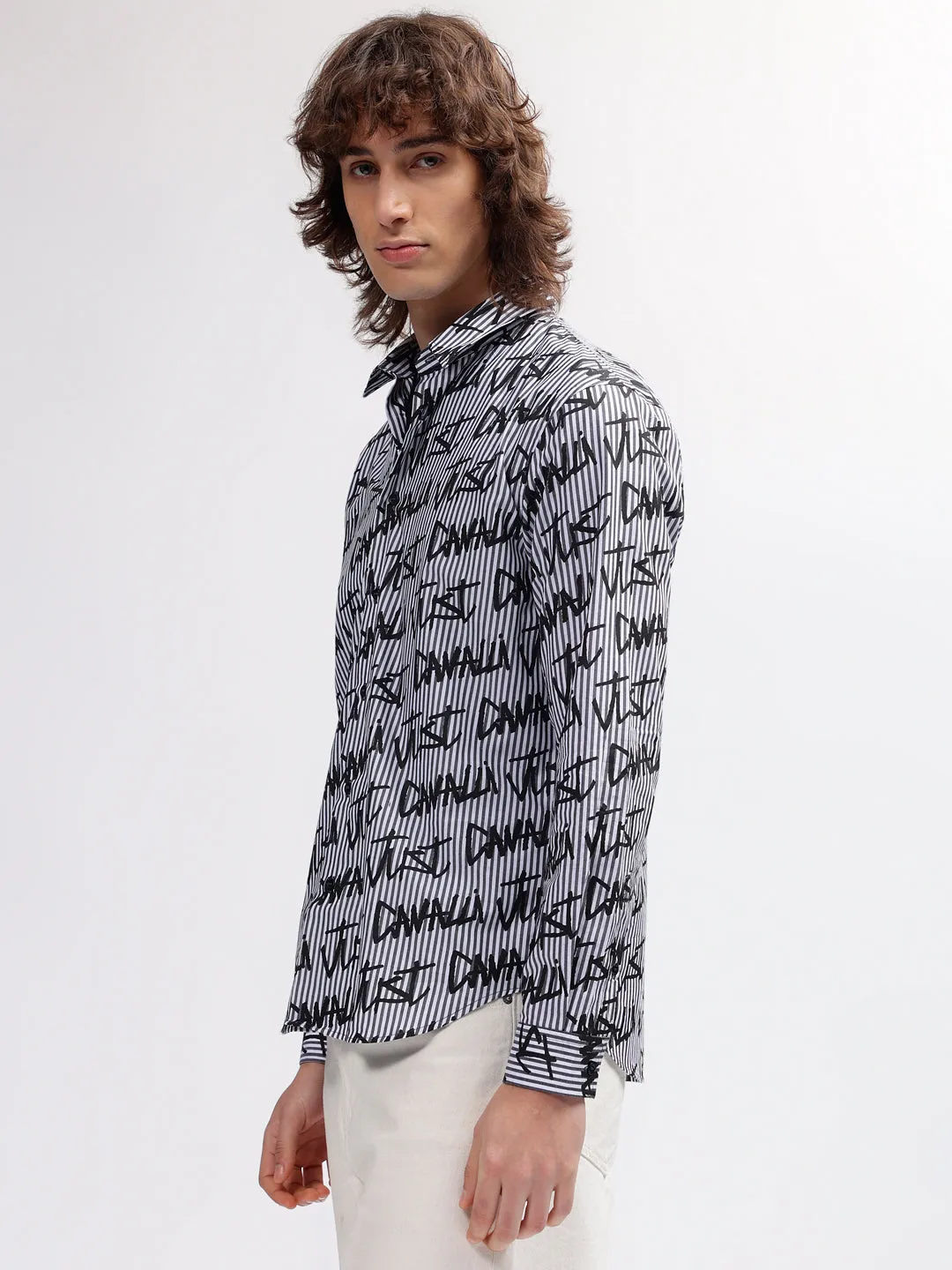 Just Cavalli Men Black Striped Spread Collar Regular Fit Full Sleeves Shirt