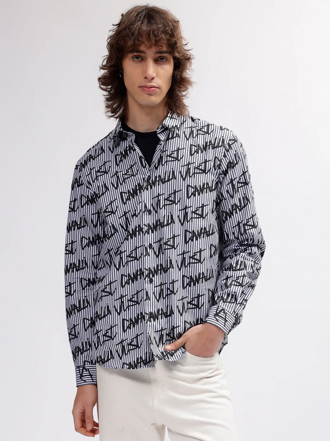 Just Cavalli Men Black Striped Spread Collar Regular Fit Full Sleeves Shirt