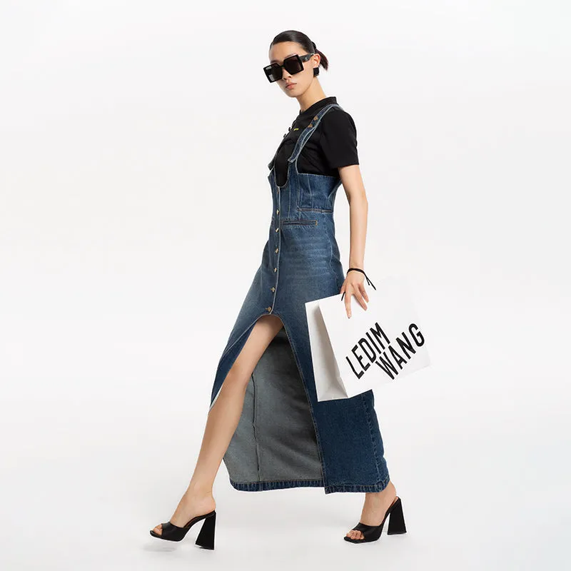 LEDI W High waist fine wash split denim strap skirt dress - Uoma