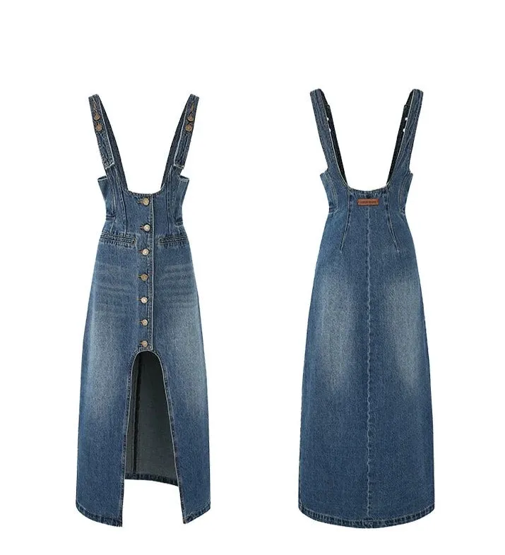 LEDI W High waist fine wash split denim strap skirt dress - Uoma