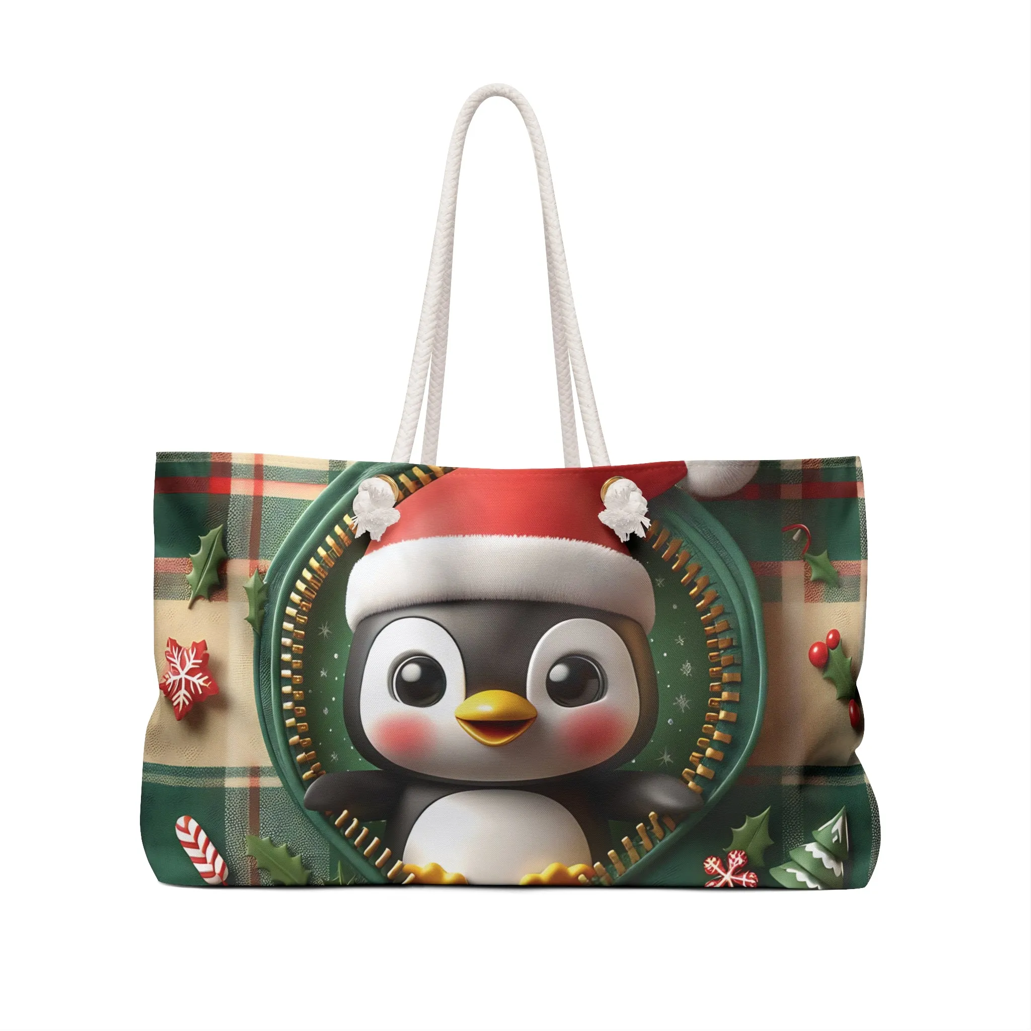 Personalised/Non-Personalised Weekender Bag, Cute Penguin, Christmas, Tartan, Large Weekender Bag, Beach Bag, Book Bag