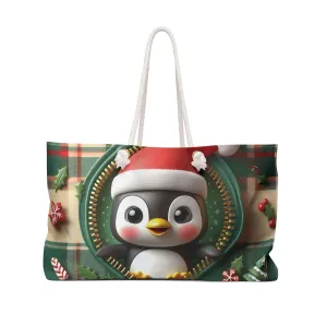 Personalised/Non-Personalised Weekender Bag, Cute Penguin, Christmas, Tartan, Large Weekender Bag, Beach Bag, Book Bag