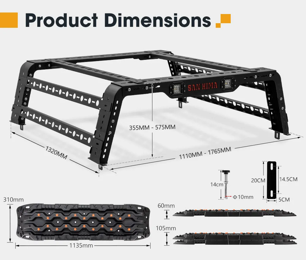 San Hima Universal Ute Tub Rack 3mm Steel   Pair Recovery Tracks 15T Board Black