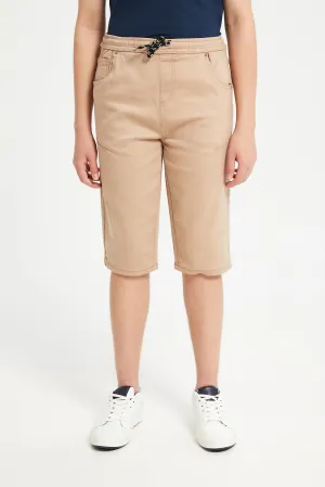 Senior Boys Beige Knit Denim Shorts