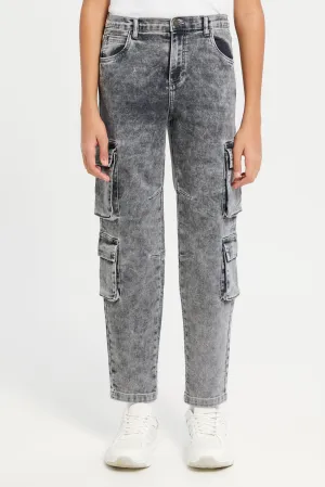 Senior Boys Black 4 Pocket Cargo Knit Denim Jeans