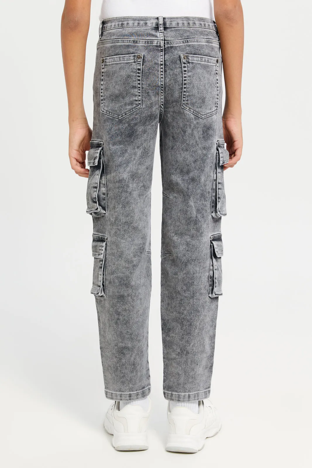 Senior Boys Black 4 Pocket Cargo Knit Denim Jeans