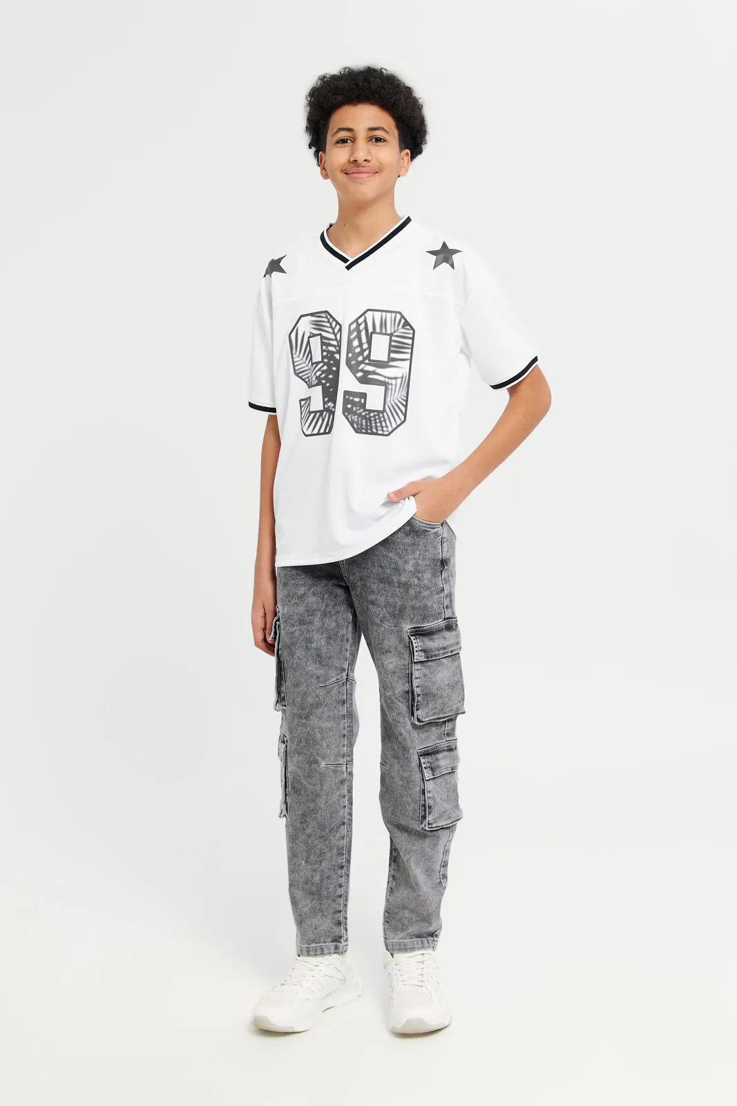 Senior Boys Black 4 Pocket Cargo Knit Denim Jeans