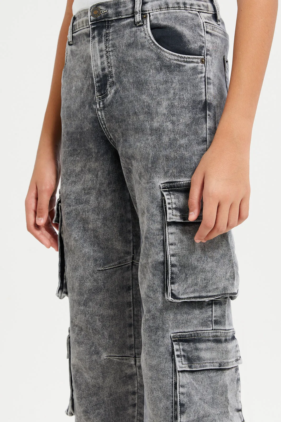 Senior Boys Black 4 Pocket Cargo Knit Denim Jeans
