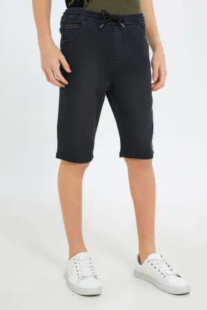 Senior Boys Black Pull On Denim Short