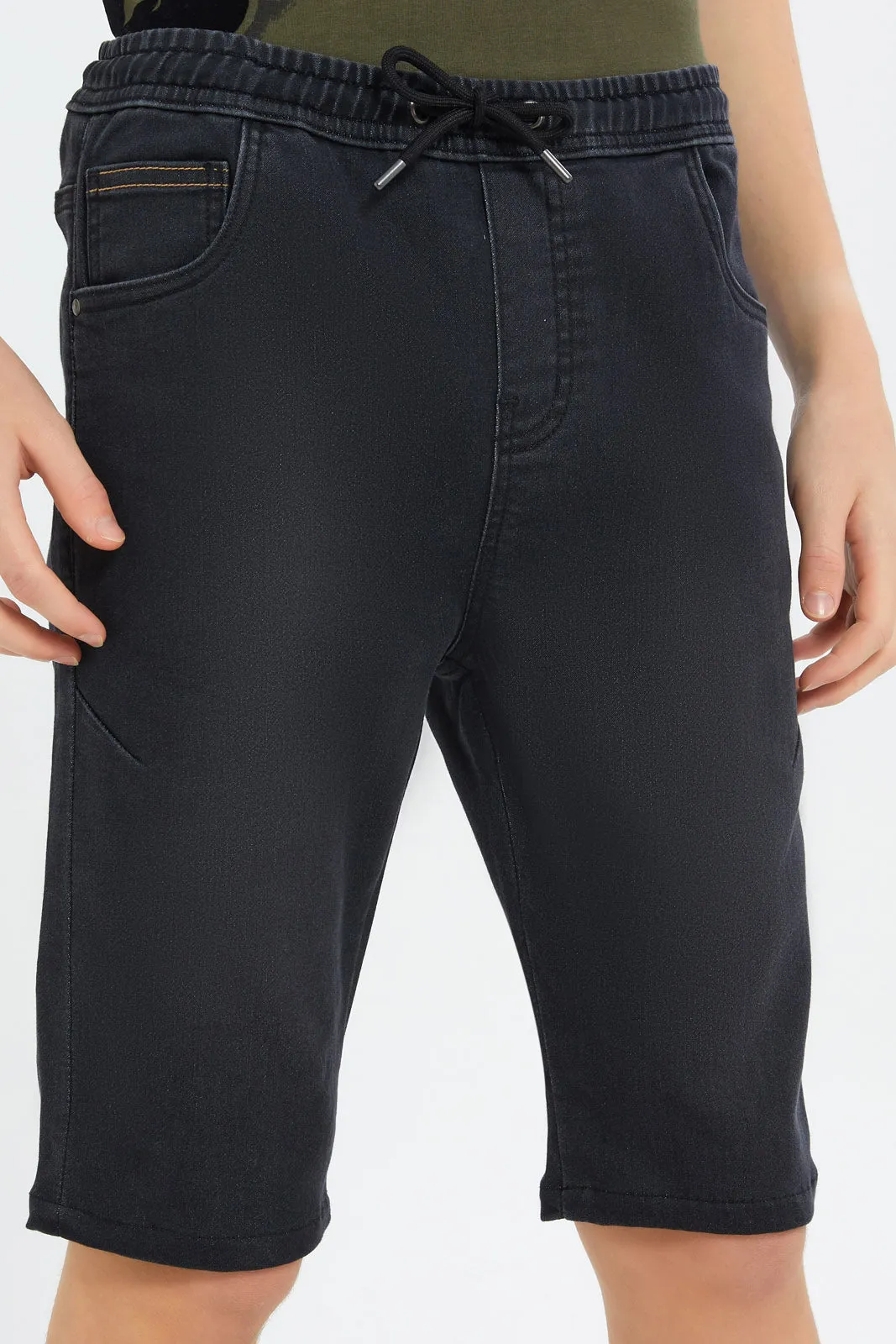 Senior Boys Black Pull On Denim Short
