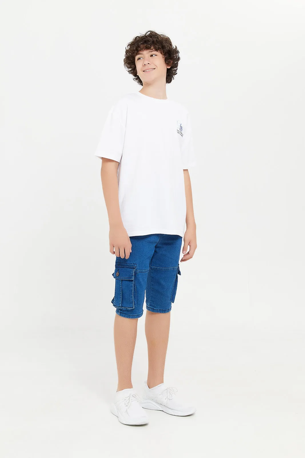Senior Boys Blue Cargo Knit Denim Short