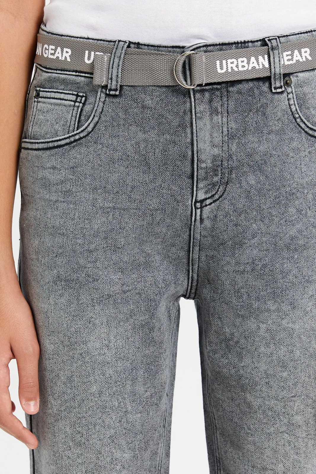 Senior Boys Grey 5 Pocket Belted Denim Shorts
