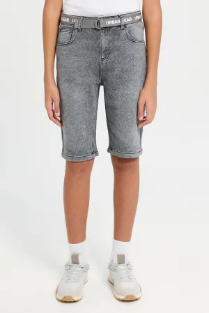 Senior Boys Grey 5 Pocket Belted Denim Shorts