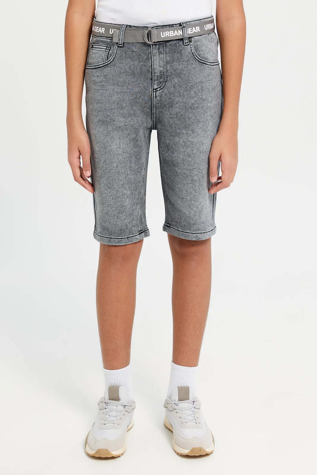 Senior Boys Grey 5 Pocket Belted Denim Shorts