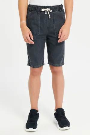 Senior Boys Grey Denim Shorts With Patch Pockets