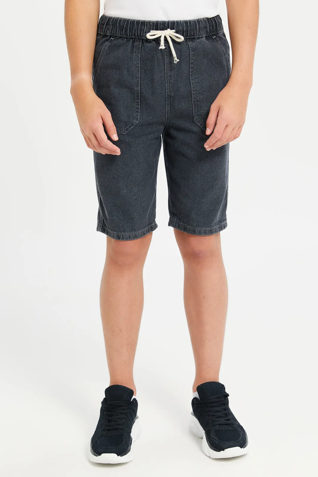 Senior Boys Grey Denim Shorts With Patch Pockets