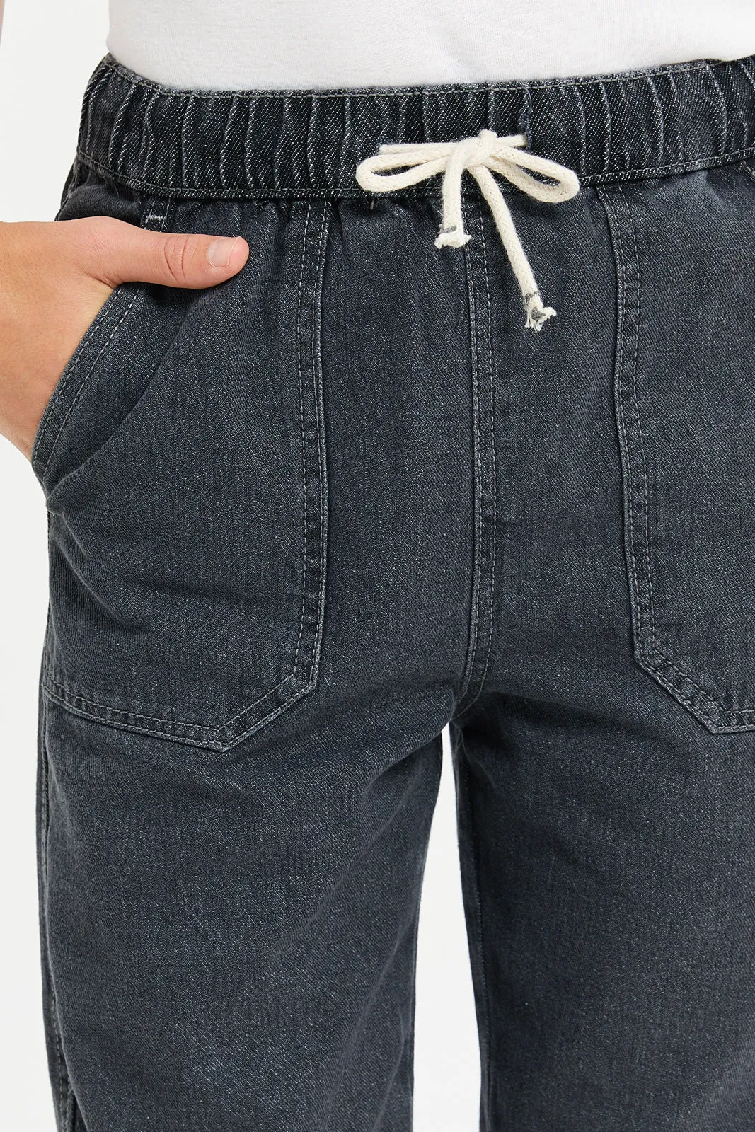 Senior Boys Grey Denim Shorts With Patch Pockets