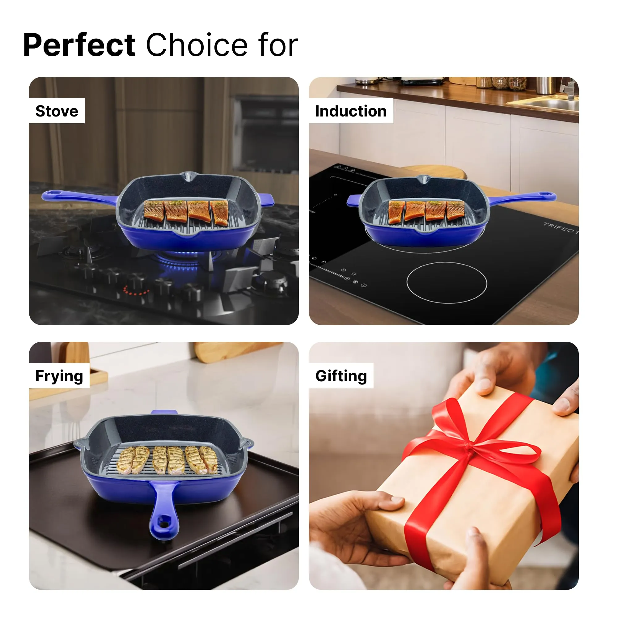 UMAI Cast Iron Grill Pan (25cm) | Enamel Coated Cast-Iron Non Stick Pan with Silicon Sleeve | Gas & Induction Cookware with Long Ergonomic Handle | Grill Tawa | Grill Pan Non Stick |