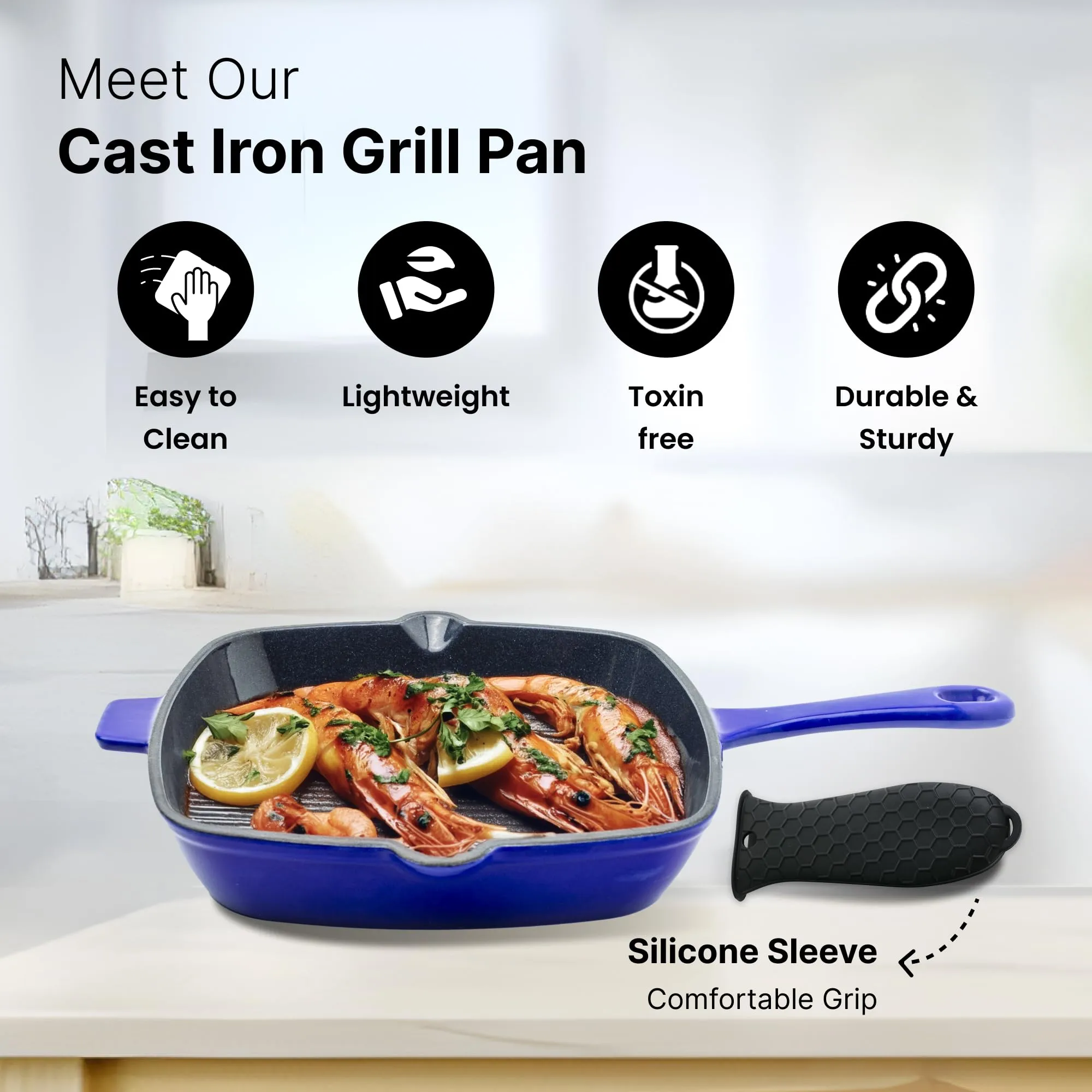 UMAI Cast Iron Grill Pan (25cm) | Enamel Coated Cast-Iron Non Stick Pan with Silicon Sleeve | Gas & Induction Cookware with Long Ergonomic Handle | Grill Tawa | Grill Pan Non Stick |