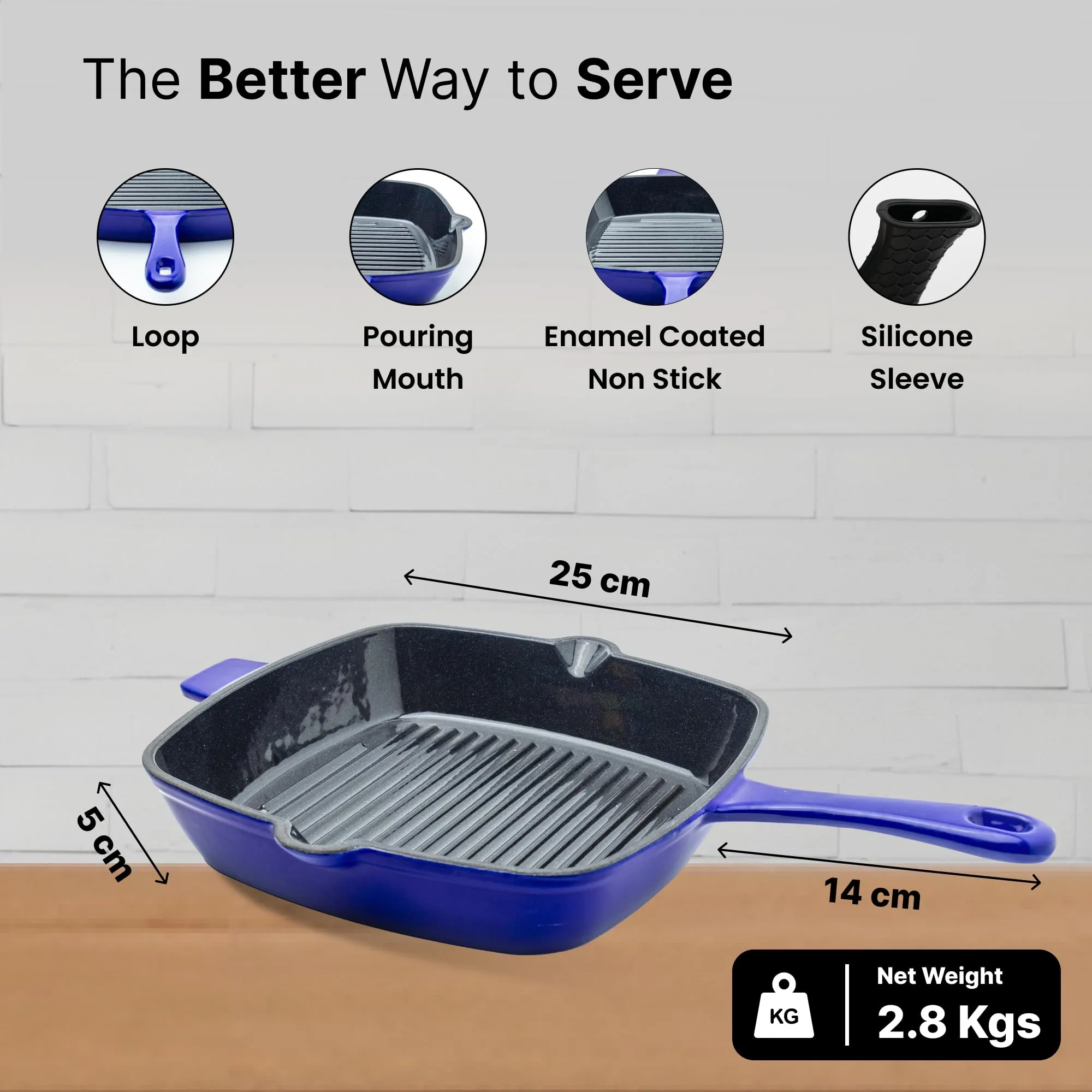 UMAI Cast Iron Grill Pan (25cm) | Enamel Coated Cast-Iron Non Stick Pan with Silicon Sleeve | Gas & Induction Cookware with Long Ergonomic Handle | Grill Tawa | Grill Pan Non Stick |