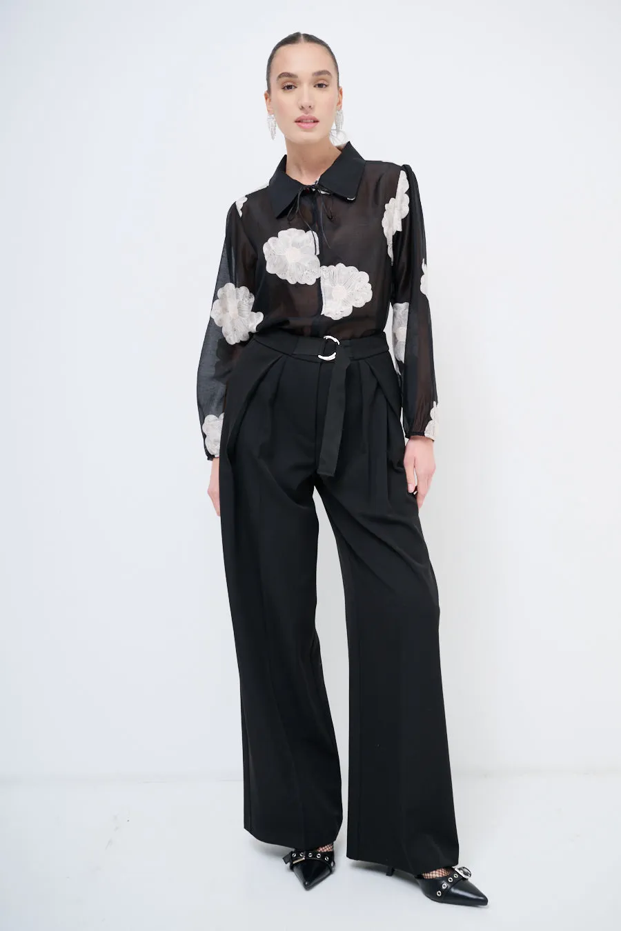 Wide-leg pleated trousers with belt wholesale