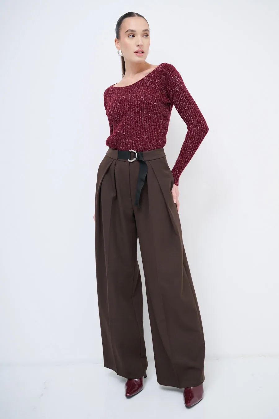 Wide-leg pleated trousers with belt wholesale