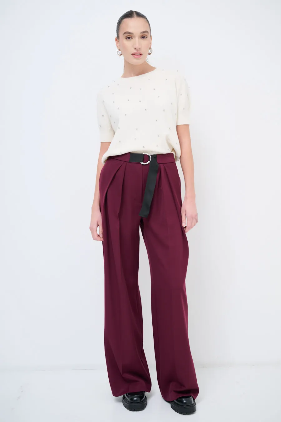 Wide-leg pleated trousers with belt wholesale