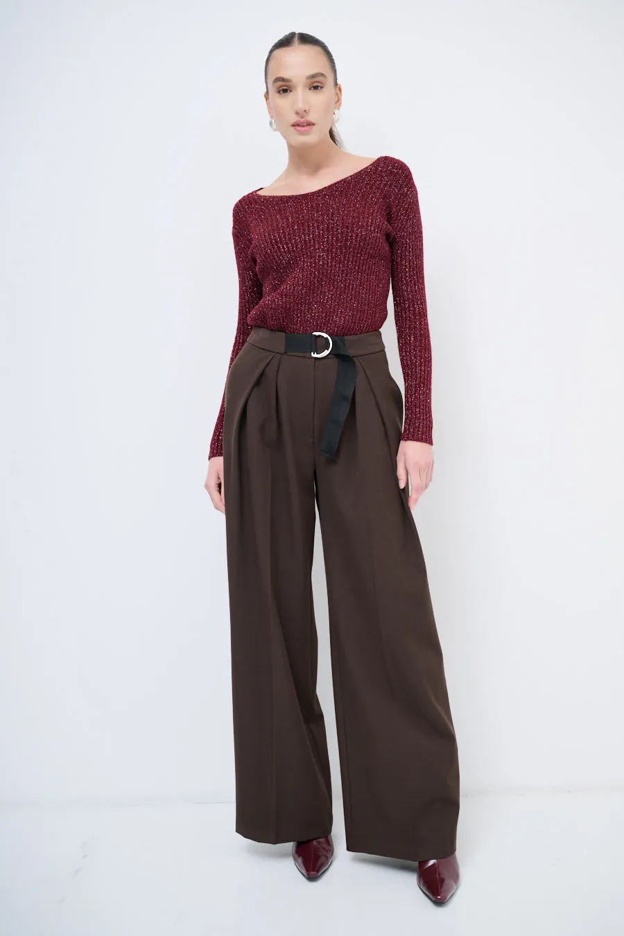 Wide-leg pleated trousers with belt wholesale