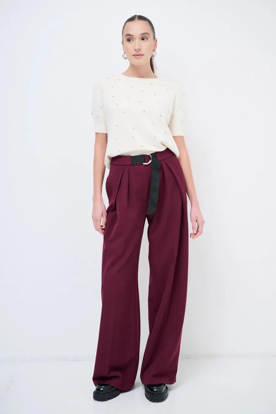 Wide-leg pleated trousers with belt wholesale