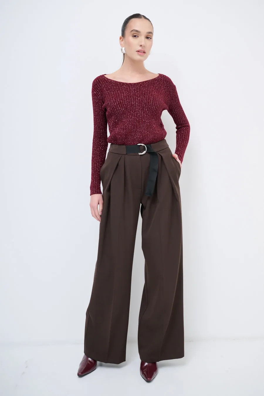 Wide-leg pleated trousers with belt wholesale