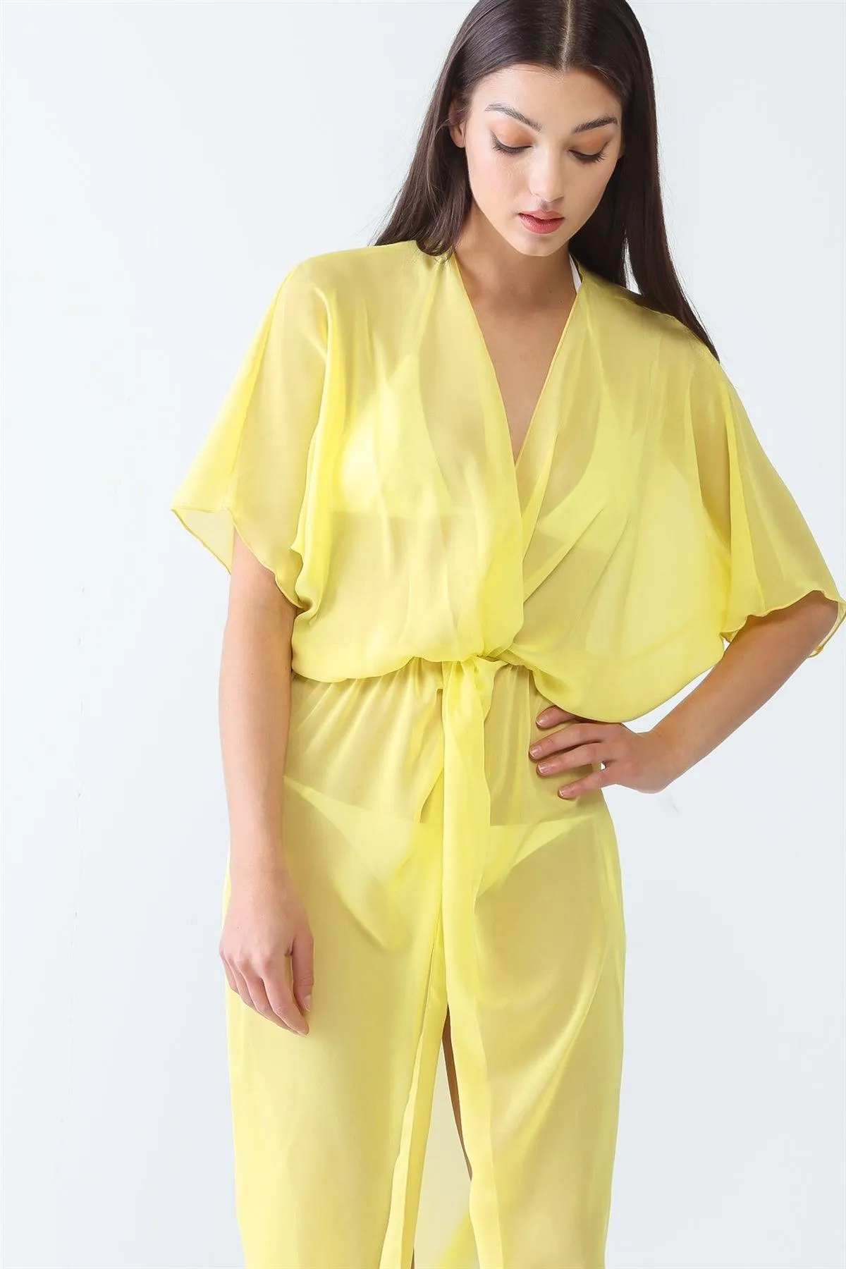 Yellow Mesh Twist V-Neck Dolman Short Sleeve Front Slit Kimono/Cover Up