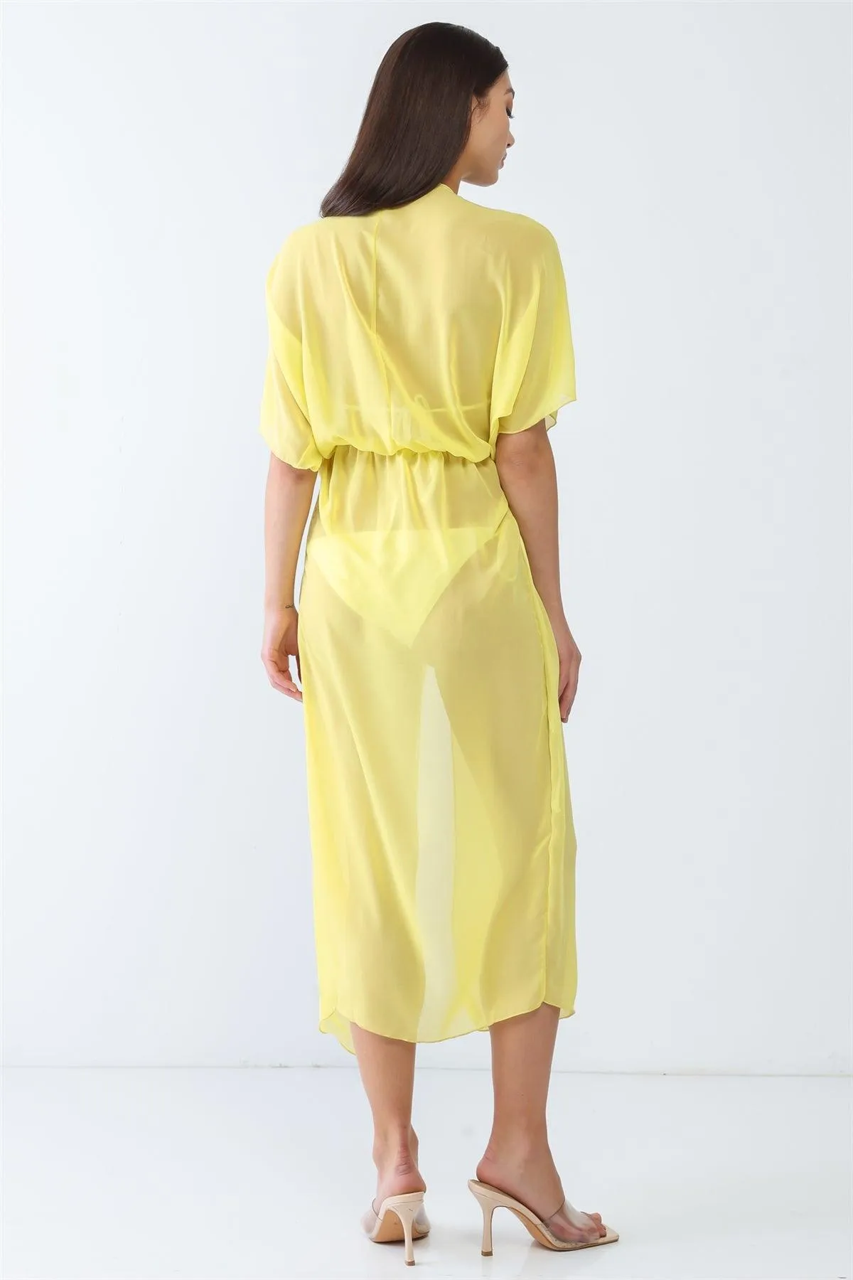 Yellow Mesh Twist V-Neck Dolman Short Sleeve Front Slit Kimono/Cover Up
