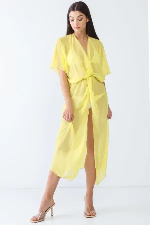 Yellow Mesh Twist V-Neck Dolman Short Sleeve Front Slit Kimono/Cover Up
